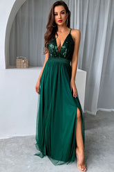 Robe longue de soirée à paillettes scintillantes, décolleté plongeant en V, dos nu et fente haute - Vert